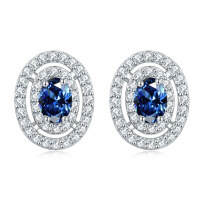 wholesale S925 Sterling Silver Cross-Border New Oval Stud Earrings, European and American Fashion Full Row of Zirconia Diamond Stud Earrings, High-End Wholesale-Royal Blue [September]>925 Silver