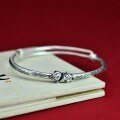 wholesale 999 Silver Lucky Cat Auspicious Cloud Bracelet for Women, Pure Silver New Chinese-style Youthful Adjustable Antique Artisan Bangle-0-1