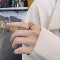 wholesale S925 Sterling Silver Retro Antique Style Drip Glaze Colored Resin Amber Stone with Auspicious Cloud Carved Pattern Adjustable Ring-1372JM/approx. 3.5g Adjustable opening