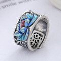 wholesale S925 Sterling Silver Vintage Matte Resin Enamel Hollow-Out Personalized Heart Sutra Lotus Koi Adjustable Ring-0-2