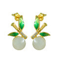 wholesale Sterling Silver with Certificate New Chinese Style Ancient Enamel Bamboo Joint Leaf Inlaid Hetian Jade Bead Jade Earrings Ear Studs for Women-0-4