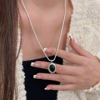 wholesale S925 Sterling Silver Tiger's Eye Macrame Long Pendant Necklace for Women, Korean Minimalist Design Unique Brown Tones Choker-Bright silver-55+5CM (pure silver)