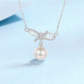 wholesale S925 Sterling Silver Natural Freshwater Pearl Necklace for Women with Bow Pendant, Sweet and Elegant Collarbone Chain for Distribution and Wholesale-0-0