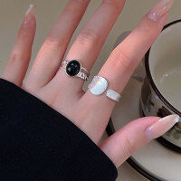 wholesale S925 Sterling Silver Black Agate Double-Layer Adjustable Ring for Women, Korean New Style Luxury Versatile High-End Matte Finish Ring-Black agate double layer (opening + full body sterling silver)
