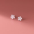 wholesale S925 Silver Floral Stud Earrings, Korean-style Small Fresh Five-petal Flower with Inlaid Diamonds, Girly Heart Ear Jewelry G3445-0-2