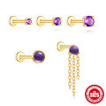wholesale S925 Sterling Silver Light Luxury Natural Amethyst Flat Head Threaded Ear Cartilage Stud, Korean Style Hot Selling Elegant Advanced Earrings-0-0