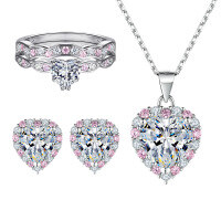 wholesale 925 Sterling Silver Love Jewelry Set 3-Piece, European and American Style Pink Diamond Stackable Ring, Heart-Shaped Zircon Earrings, Niche Necklace-Earrings TLED122 925 silver