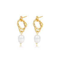wholesale S925 Sterling Silver Twisted Hoop Earrings with Natural Pearls, Minimalist Style-E222E-Gold 925 Silver