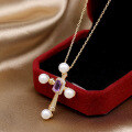 wholesale S925 Sterling Silver Spring & Summer New Royal Style Cross Pendant Necklace with Natural Freshwater Pearl and Amethyst Inlay-0-2