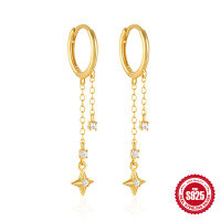 wholesale 925 Sterling Silver Diamond-Studded Flower Four-Pointed Star Tassel Ear Clasp-Gold#2 925 Silver