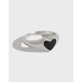 wholesale S925 Sterling Silver Korean-style Heart Ring, Minimalist Niche Black Resin Love Open Adjustable Ring for Women-0-0
