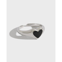 wholesale S925 Sterling Silver Korean-style Heart Ring, Minimalist Niche Black Resin Love Open Adjustable Ring for Women-Platinum [No. 14/Adjustable]>Opening adjustable