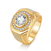 wholesale Plated with 925 Sterling Silver in White Gold, Classic 2-Carat Round Moissanite Men's Ring, Imported Moissanite, Colorfast-Silver with zircon gold 8