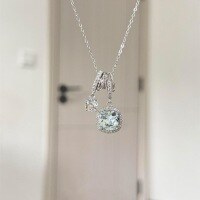 wholesale S925 Sterling Silver Icy Transparent Sea Blue Square Zircon Necklace Fairy Sweet Full Circle Rhinestone Running Loop Sugar Cube Collarbone Chain-Platinum 925 silver