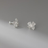 wholesale 999 Silver Dainty Hollow Filigree Screw Ear Bone Piercing Hollow Bow Threaded Ear Stud M05609-Straight pin type - one pair 999 pure silver