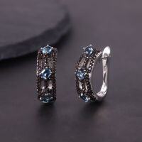 wholesale S925 sterling silver dark gothic-style earrings with group-set garnet, topaz, and crystal gemstones, hot-selling for foreign trade-Natural London Blue Topaz Earrings