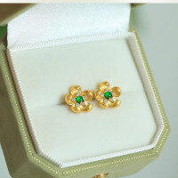 wholesale Metal material, natural A-grade jadeite flower earrings, icy spicy green sun-green egg surface, lightly luxurious high-end sense, Hong Kong style temperament, simple and elegant-Natural Jade Flower Earrings 925 Silver