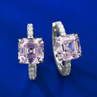 wholesale 925 Silver Metal Material, Mu Jing Jewelry New High Carbon Cut Asscher 8*8 Yellow White Pink Ear Hoop for Women, Hot Selling in Europe and America-E327 Pink Diamond 925 Silver