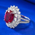 wholesale S925 Silver Pigeon Blood Red Simulated Diamond 8*10 Oval Ring Cluster Floral Wedding Band-0-2