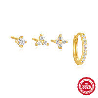 wholesale S925 Sterling Silver Star Geometric Pendant Earring Set with Inlaid Diamond Flower Studs and Hoops-4-piece set, gold#4&gt;925 silver