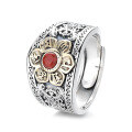 wholesale S925 Silver Retro Vintage Wide Floral Nanhong Agate Versatile Trendy Design Adjustable Ring-0-4