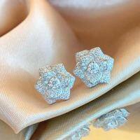 wholesale S925 Sterling Silver Moissanite Full Drill Camellia Stud Earrings, Minimalist and Versatile, Luxury Fashion-10 points + 10 points (zircon) earrings 925 silver