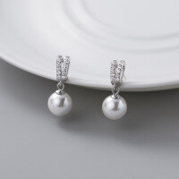 wholesale S925 Sterling Silver Small and Fresh Synthetic Pearl Earrings Fashionable High-end Sense Inlaid Diamond V-shaped Shell Pearl Set Y01514-S925 Silver-Earrings 925 Silver