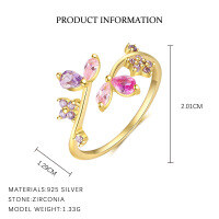 wholesale S925 Sterling Silver Adjustable Floral Ring with Colorful Zirconia, Elegant Nature-Inspired Design-K2129-Gold/Adjustable