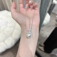 wholesale S925 Sterling Silver Moonlight and Lantern Cold Light Australian White Round Large-Grain Mother-of-Pearl Pearl Necklace with Elegant Petal Pendant-12mm Australian White Pearl - Platinum &gt; 925 Silver