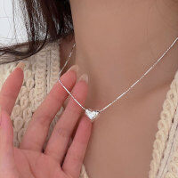 wholesale S925 Sterling Silver Trending Korean Summer Market Love Heart Necklace, Xiaohongshu Viral Hit, Light Luxury Versatile Collarbone Chain-Pure silver (40+5CM)
