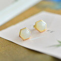 wholesale Gold-plated 925 Sterling Silver Inlaid with Natural Hetian Jade Geometric Hexagon Stud Earrings for Women-0-5