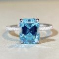 wholesale PT950 gold plated 925 sterling silver aquamarine ring for women, fully encircled with diamonds, emerald cut, banquet-style, rock candy design-0-3