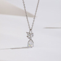 wholesale 925 Sterling Silver Ice-Cut Floral Necklace for Women, Small Butterfly Bow Tie Design with High-Carbon Diamond Pendant, Versatile Collarbone Chain-White diamond necklace