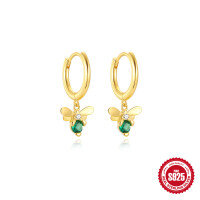 wholesale S925 Sterling Silver New Fun Bee Green Diamond Ear Hoop,INS-Gold 925 silver