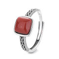 wholesale S925 Sterling Silver Vintage Ethnic Style Square Red Agate Stone Artistic Antiqued Design Adjustable Ring for Women-0-5