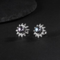 wholesale S925 Sterling Silver New Natural Freshwater Pearl Earrings for Women, Sunflower Design Fashionable and Luxurious High-End Sense-Natural Black Freshwater Pearl Earrings 925 Silver