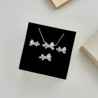 wholesale S925 Sterling Silver Korean New Style Women's Ring Earrings Necklace Set with Heart Zircon and Bow Design-White gold and white diamonds DY1D0317-SW-WH 925 silver