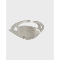 wholesale S925 Sterling Silver JF221 Korean Style INS Niche Silver Ring with Geometric Ellipse Surface and Engraved English Letters Openable Ring-Platinum [No. 14/Adjustable] Opening adjustable