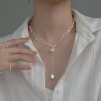 wholesale S925 Silver Vintage Baroque Pearl Heart Necklace Summer Korean Style Double Layer Women's Choker D8510-S925 Silver Necklace 925 Silver