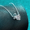 S925 Silver Moissanite Necklace with Bunny Ear Bow Heart Pendant-0-1