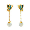 wholesale 925 Silver Gold-Plated Enamel Butterfly Earrings with Hetian Jade Inlay in Retro Chinese Style-0-4
