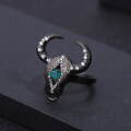 wholesale 925 Silver Adjustable Designer Dark Gothic Ring with Shanhaijing Bull Head Design and Green Agate Inlay-0-1