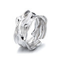 wholesale S925 Sterling Silver Irregular Small-Chic Style Hammered Textured Concave-Convex Wide Open Adjustable Ring, Trendy Euro-American Look-0-4