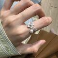 wholesale S925 Sterling Silver Minimalist New Chinese Style Floral Adjustable Open Ring with Shell Pearl and Frosted Textured Bloom-0-3
