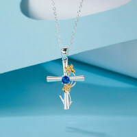 S925 Silver Cross Pendant with Pink Diamond and Sapphire Wholesale-【Floral Cross】December Blue (Narcissus) Copper  925 Silver