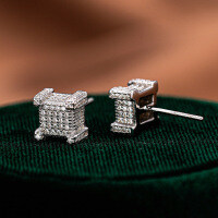 S925 Sterling Silver Rhombus Hip-Hop Moissanite Stud Earrings-Set with moissanite - white gold  925 silver