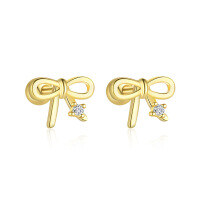 wholesale S925 Sterling Silver French-style Cross-border Zircon Star Moon Bow Earrings-E4827-Gold/Pair 925 Silver