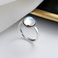 wholesale S925 Sterling Silver Light Luxury Style Inlaid Moonstone Ring, Niche Fashion Trendy Elegant Delicate Index Finger Ring-462FJ/approx. 3.3g Adjustable opening