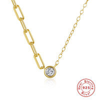 wholesale S925 Sterling Silver Asymmetric Collar Necklace with a Single Classic Round Zircon-Gold 925 silver