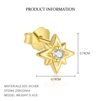 wholesale S925 Sterling Silver Octagram Tassel Earrings with Zirconia, Women's Fashion Minimalist Luxury Small Star Design-E5143-Gold/Single 925 Silver